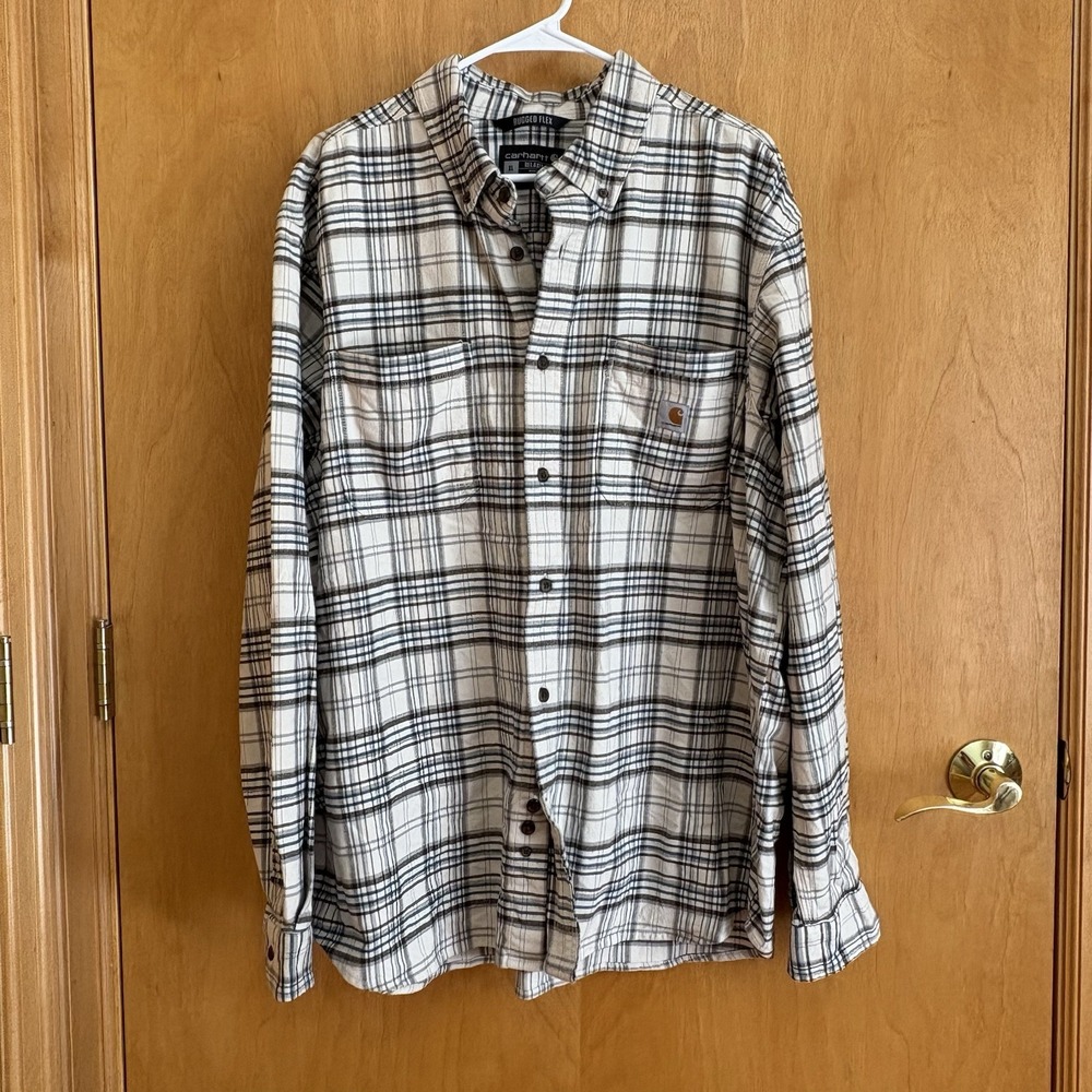 Carhartt Rugged Flex Flannel Shirt Mens XL Relaxed Fit cream Blue BRown TW4448-M